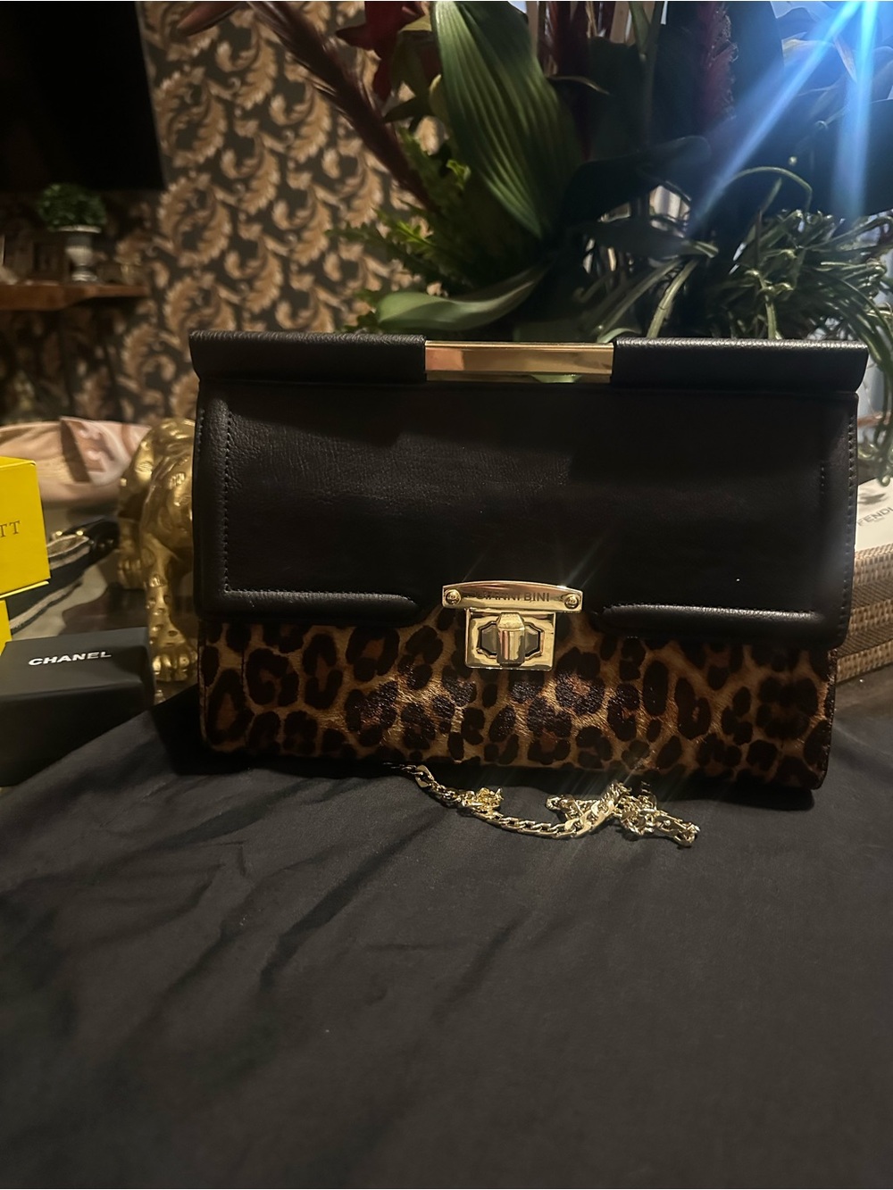 Gianni Bini Leopard Print Black Clutch Crossbody Bag Gold Chain